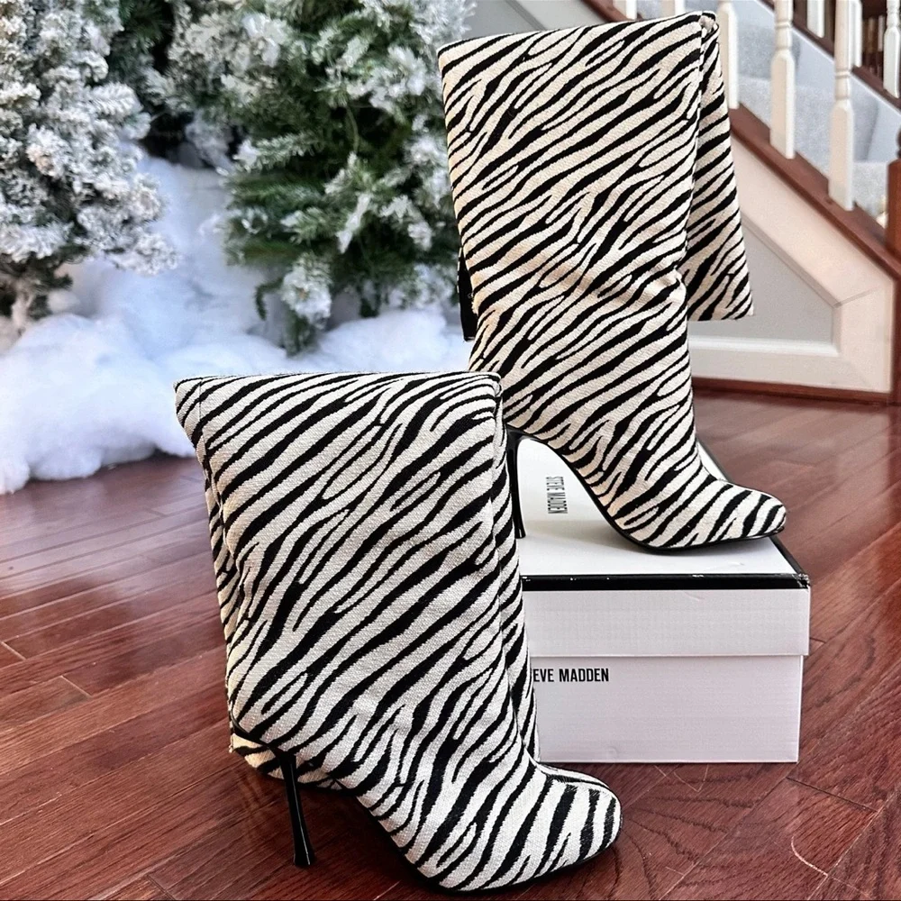 Steve Madden Alluring Zebra Black White Over the Knee Square Toe Heeled Boots